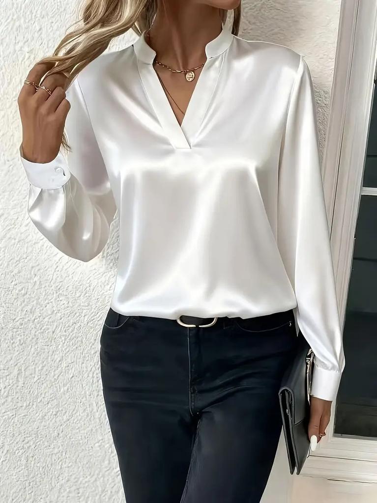 Women's Stand Collar V Neck Long Sleeve Satin Blouse Loose Elegant Work Shirt