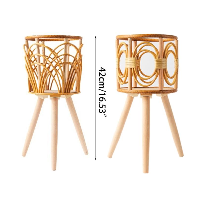 Handmade Braid Artificial Rattan Plastic Flower Pot with Stand Plant Storage X3UC