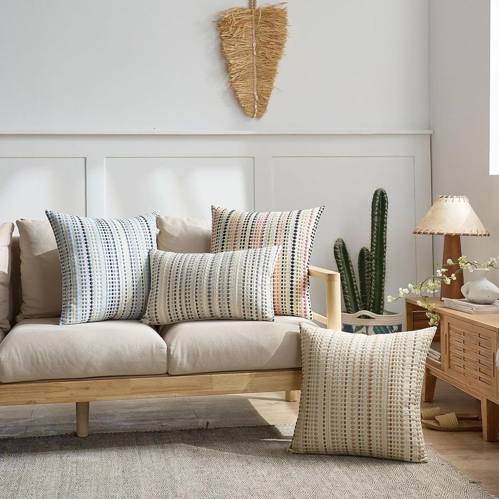 Khaki Throw Decorative Pillow Covers, Textured Striped Boho Couch Pillow Covers,Neutral Farmhouse Cushion Cover for Couch Sofa