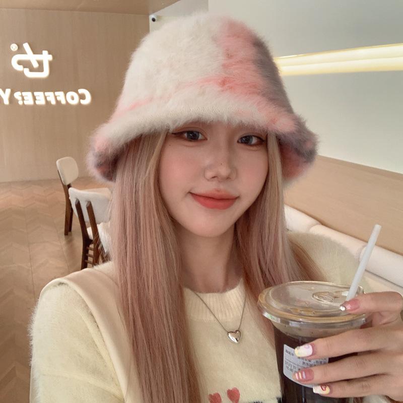 New autumn and winter high-end tie-dye rabbit hair contrasting color hair bucket hat women's outdoor travel fashion basin hat