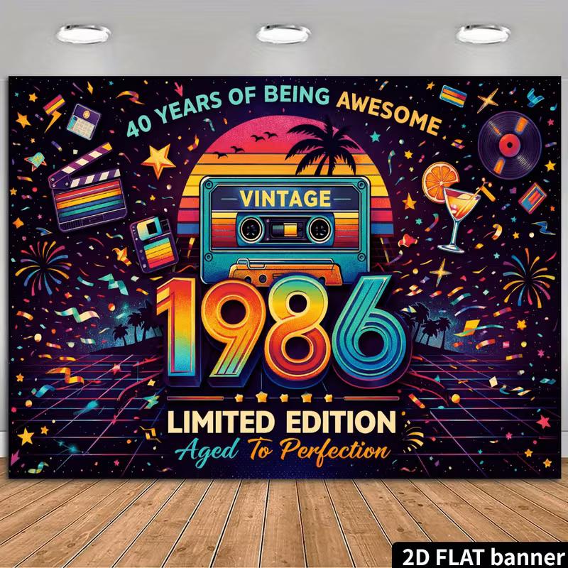 

2D Flat Printing 1986 Backdrop, Retro 80s 40th Birthday Background 47.2x31.5inch/120*80cm
