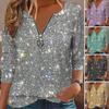 Women Shirt Round Neck Zipper Half Placket Long Sleeve Pullover Tops Sparkling Sequins Regular Fit Tops