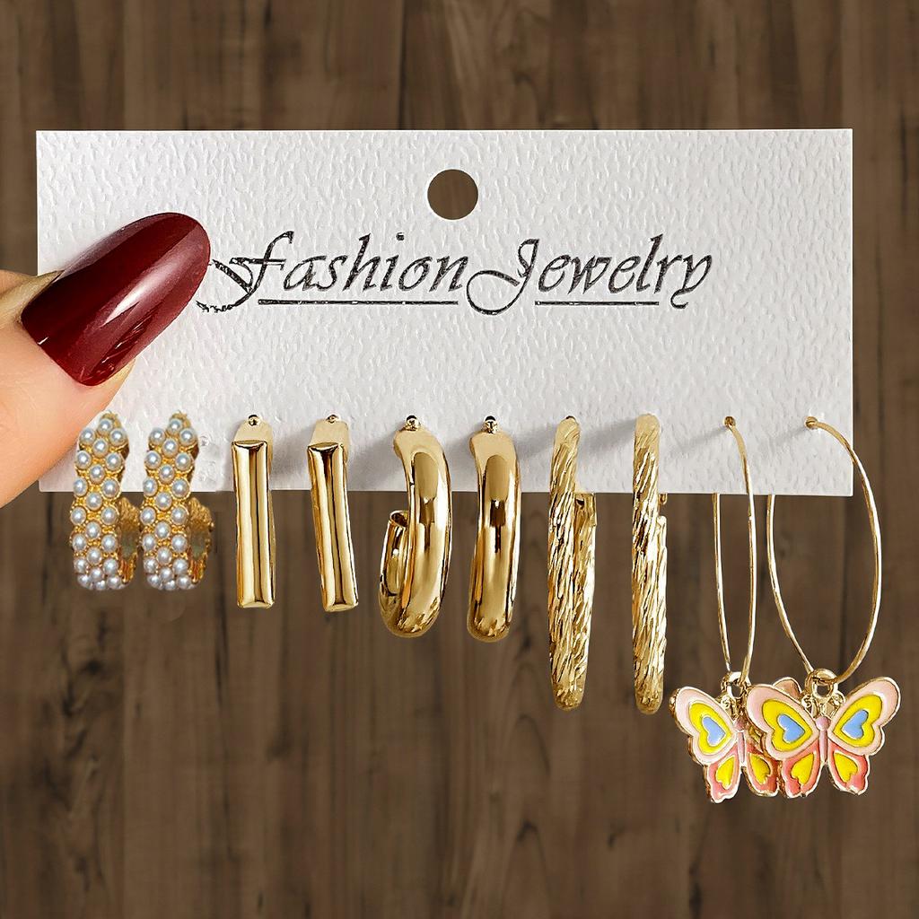 Геометрические многослойные серьги с жемчугом типа C, серьги-гвоздики, 6 пар, набор сережек-карт, комбинированные женские