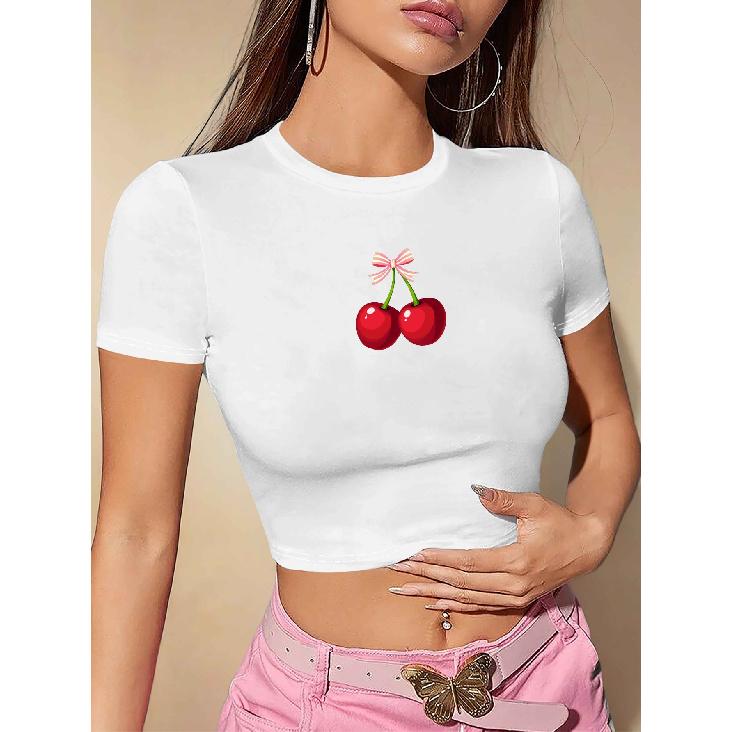 Cherry and Bow Fashionable Women s Short Sleeve T Shirt S белый
