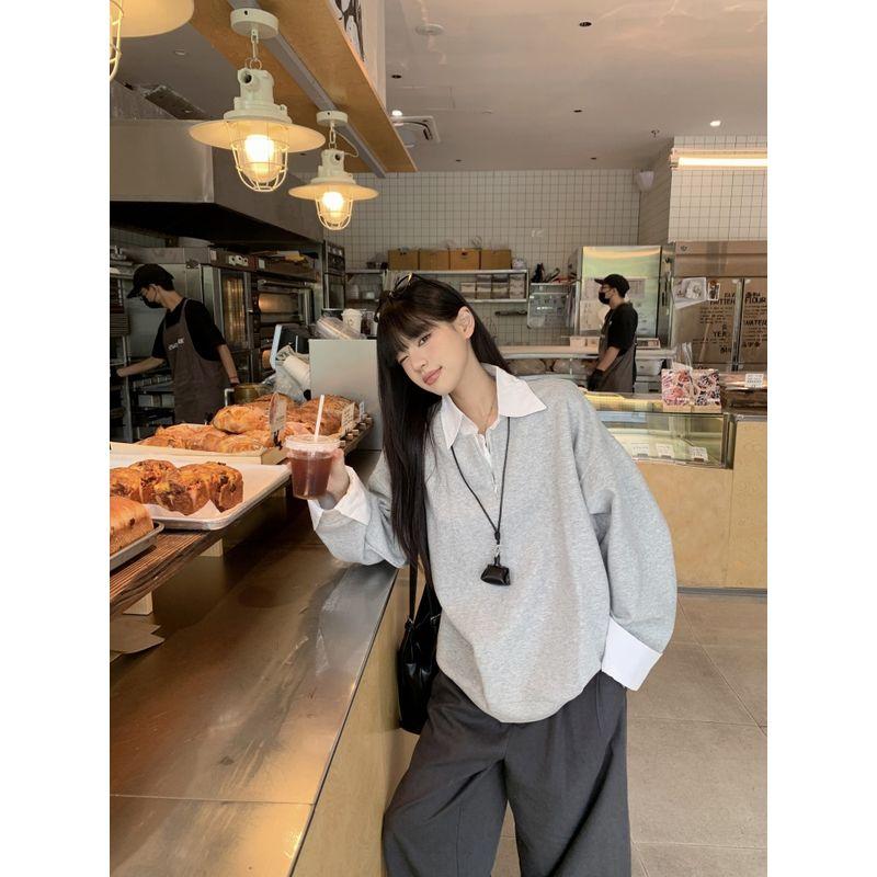 

Kumikumi Idle Style Fake Two-Piece Polo Collar Long Sleeves Sweatshirt Female Fall Loose Slim Looking All-Match Gray Tops Gray Fake Two-Piece polo M