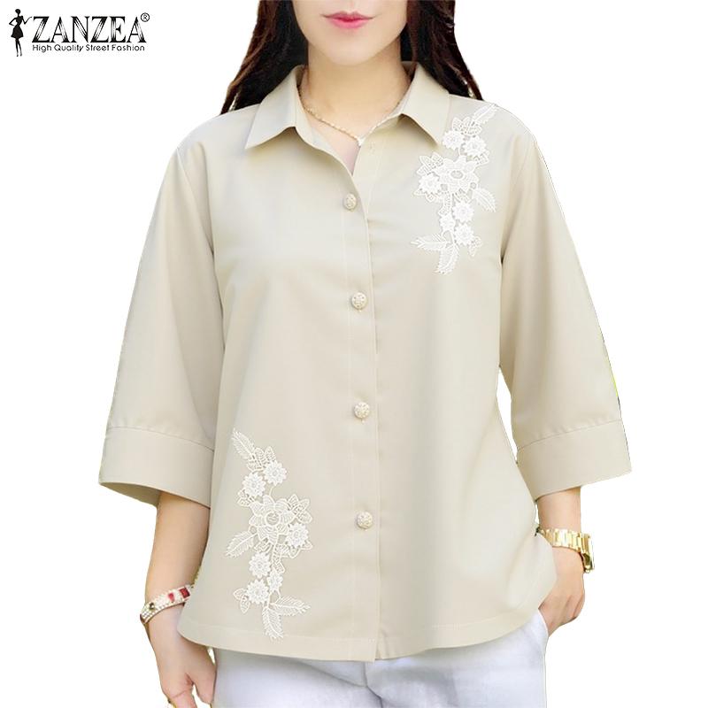 ZANZEA Women Turn Down Collar 3/4 Sleeve Loose Splice Blouse
