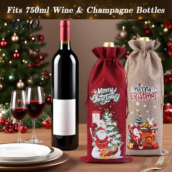 Decorative Bottle Bags for Christmas Wine Bag, Vintage Drawstring Sleeve, Reusable Faux Holiday Party Packaging Linen Cover Clothes New Year