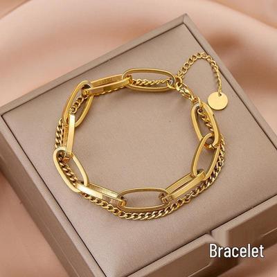 Bracciale alla moda da donna a doppio strato chunky: Catena Lunga Retro Oro con Pendente in Acciaio al Titanio