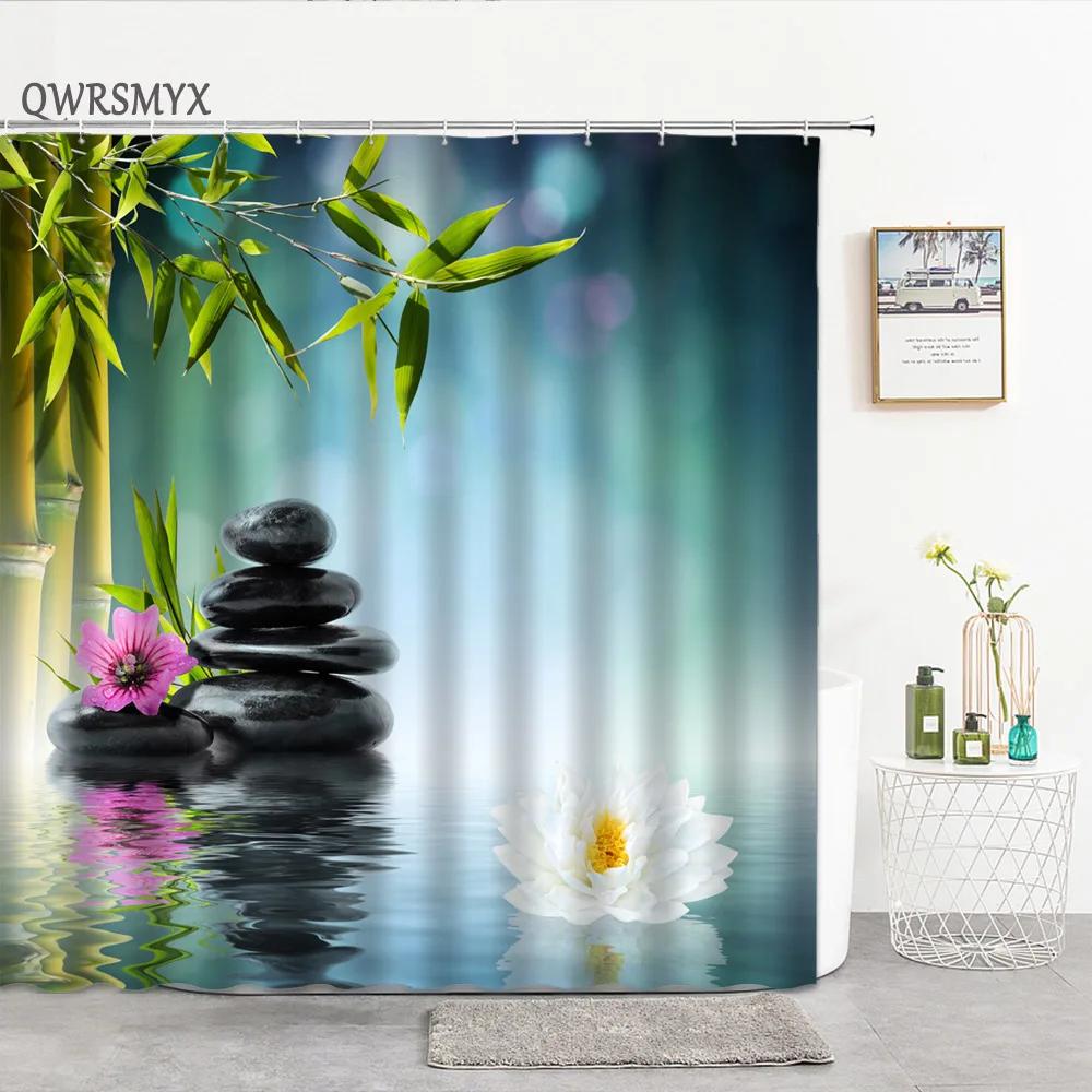 Green Bamboo Zen Stone Shower Curtains Lotus Flowing Water Zen Landscape Shower Curtain Home Bathroom Decoration Set with Hooks