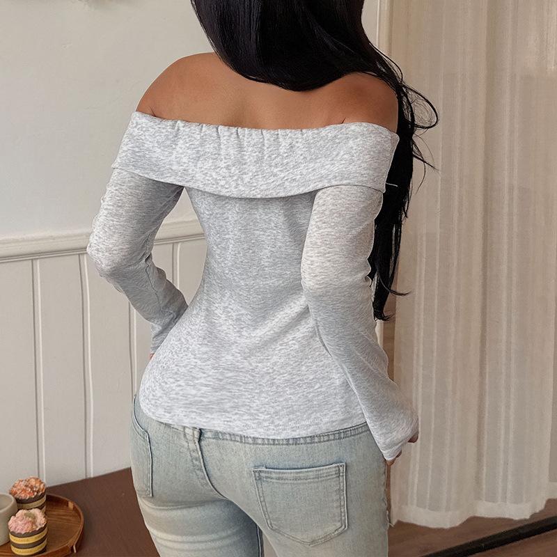 Nové podzimní světle šedé slim tričko s dlouhým rukávem přes jedno rameno pro ženy