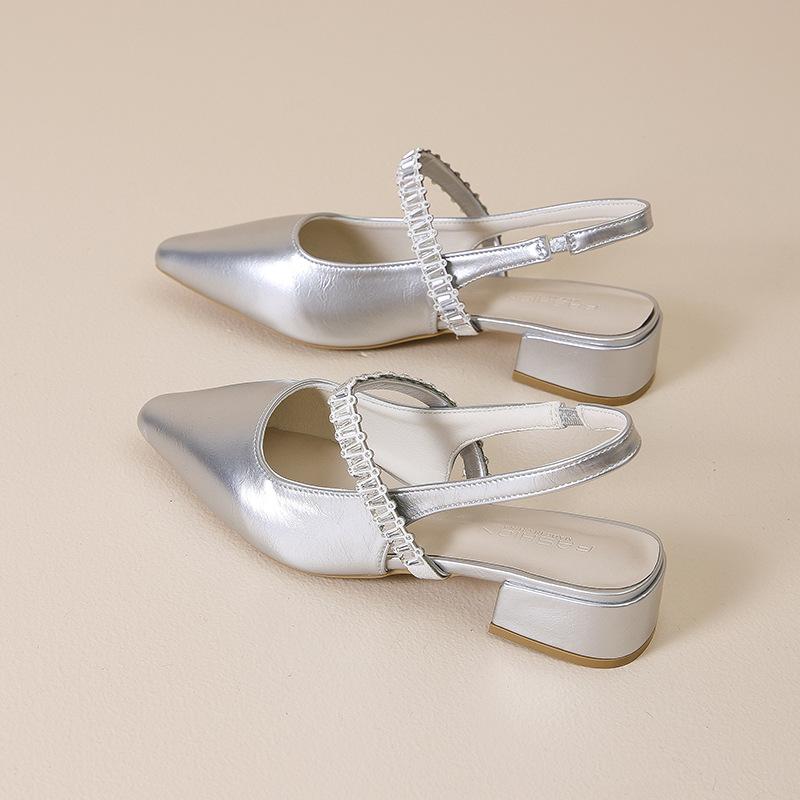 Pointed Thick Heel Fashion Single Shoes Women's Bag Head Sandals 2025 New Rear Air Shallow Mouth Middle Heel Mary Jane Shoes Women's Shoes