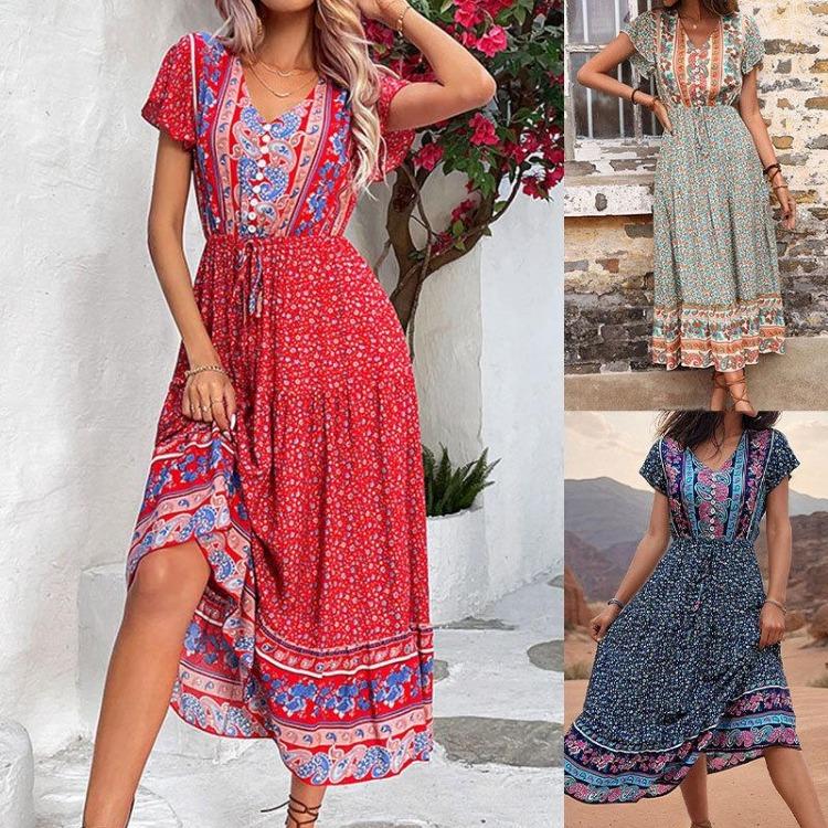 

Women Slim Fit Summer Retro Green Long Print Dress European American Style XXL червоний
