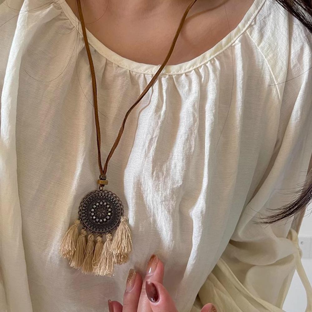 Flower Ethnic Style Necklace Tassel Bohemian Style Necklace Korean Style Long Sweater Chain  Party