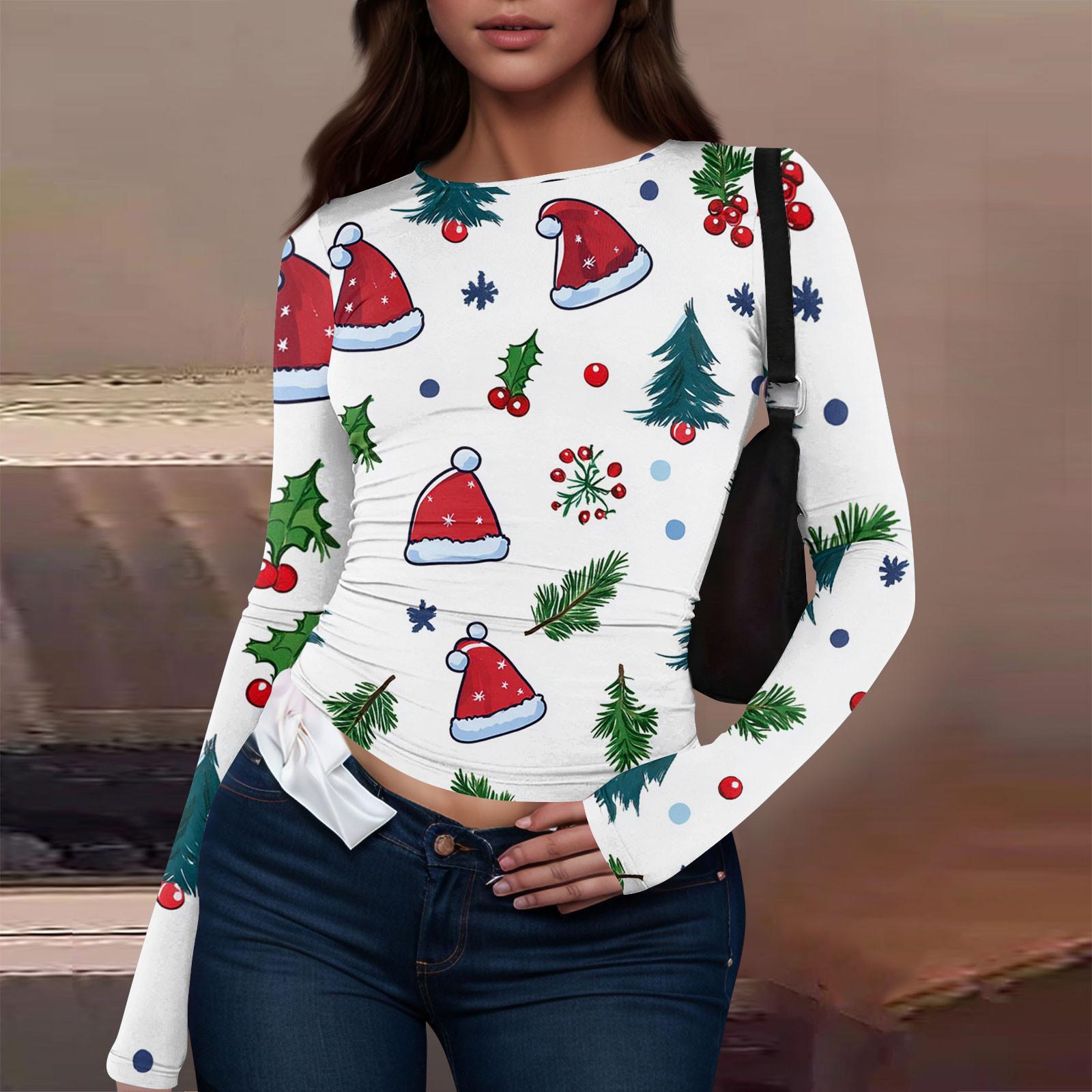 

Женская модная повседневная футболка с круглым вырезом и рождественским принтом с длинным рукавом M красный