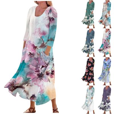 Women's Casual Fashion Comfortable Printed 3/4 Sleeve Pocket Dress