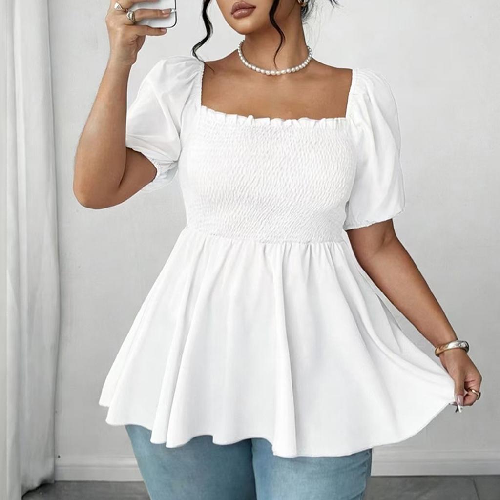 Plus Size Women's Smocked Waist Peplum Top Square Neck Puff Sleeve Casual Blouse Lightweight Comfortable Soft Fabric