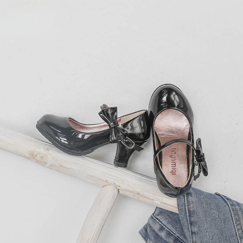 Girls Leather Shoes Autumn Bowtie Sandals Children Shoes High Heels Princess Sweet Sandals for Girls Party Gift PU 35 чёрный