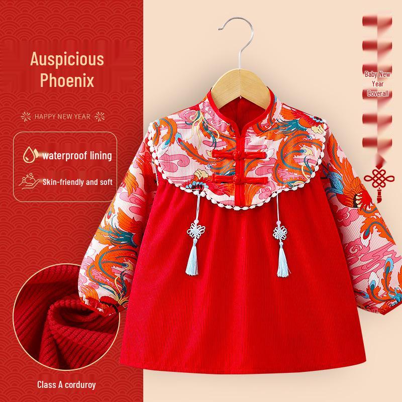 Children's Chinese-Style Corduroy Coverall: Waterproof, Dirt-Proof, Reversible Tang Suit Apron for Boys & Girls, Ideal for Autumn and Winter.