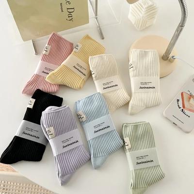 Women Socks Cotton Knitted Harajuku Streetwear Middle Tube Socks Japanese Style Solid Color Girls Kawaii Elastic Long Socks Sox