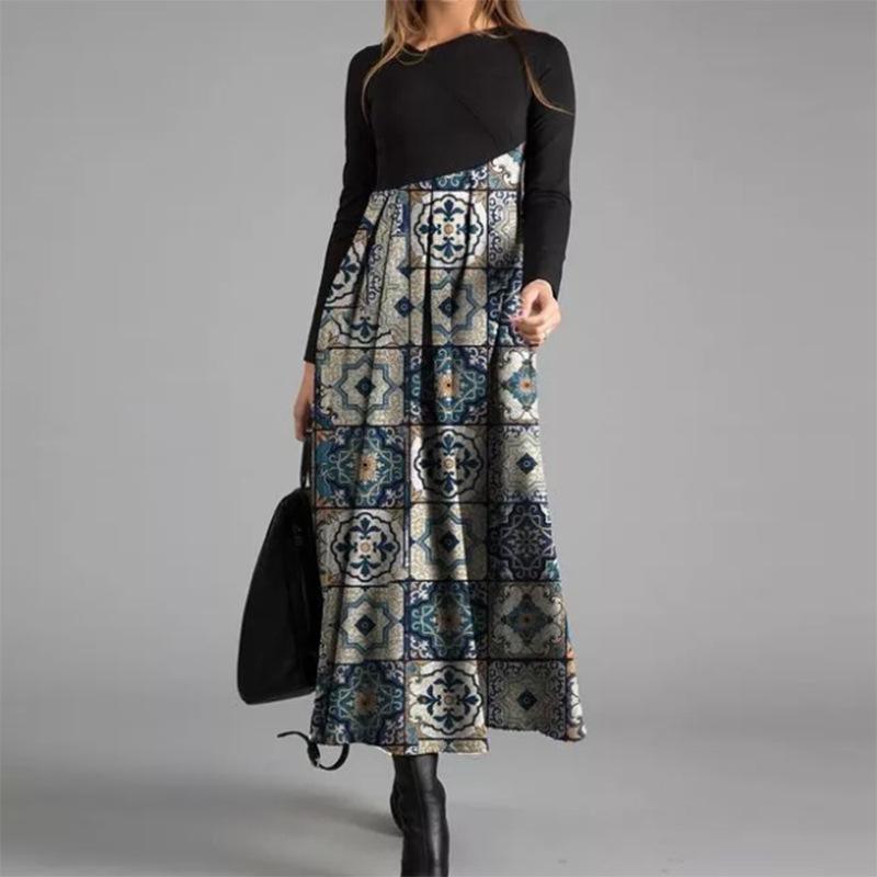 Women Color Block Floral Print Long Sleeve Maxi Dress Casual Loose A Line Long Dress S-XXXL