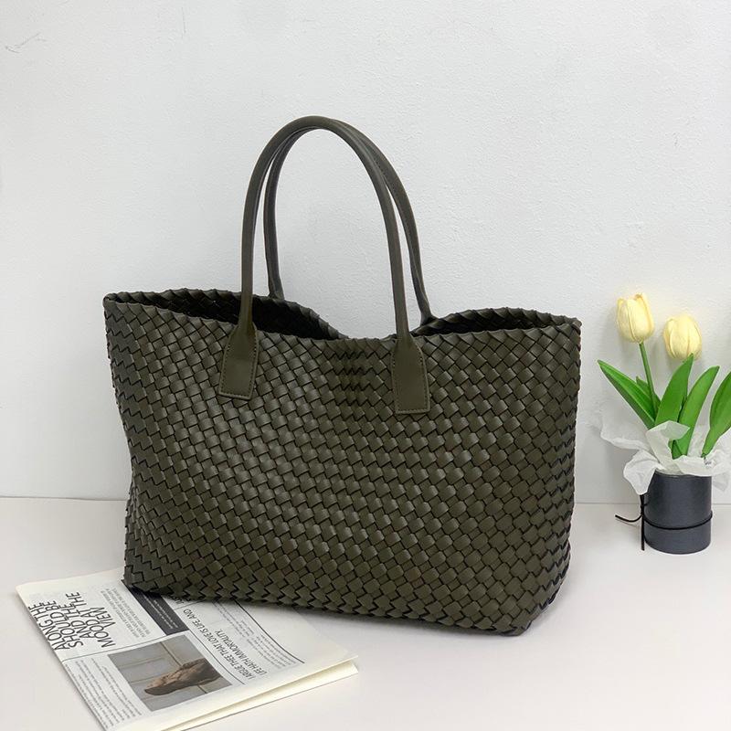 New Double-sided Woven Tote Bag Women's Genuine Leather Shoulder Handbag Large-capacity Shopping Bag Vegetable Basket Commuter Versatile