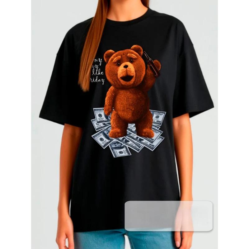 Summer Round Neck 3D Money Bear Print Top Fashionable Casual Short Sleeved Men's and Women's Couple Unisex T-shirts