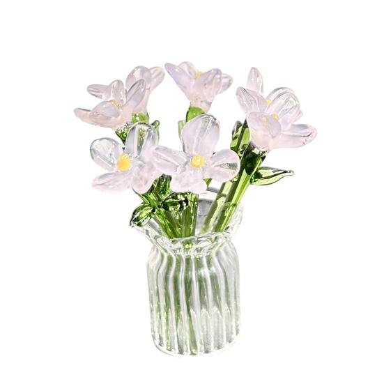 1 Set Glass Flower Bouquet with Vase Hand-Blown Mini Flower Decoration Home Living Room Handmade Simulation Floral Ornament with Stem
