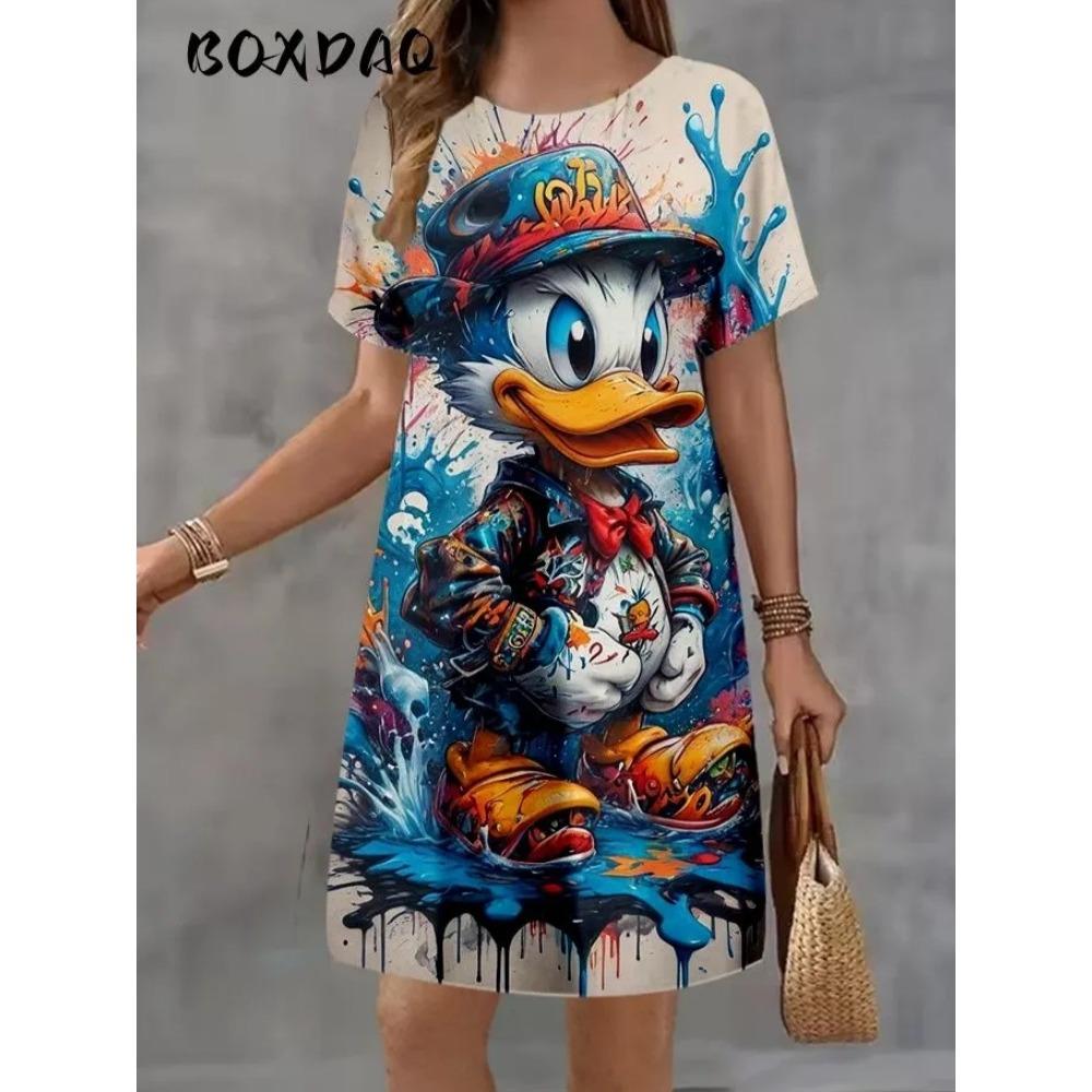 Robe d'été courte à manches courtes imprimée, motif animal créatif et amusant de dessin animé, grande taille, décontractée, confortable, douce pour femme