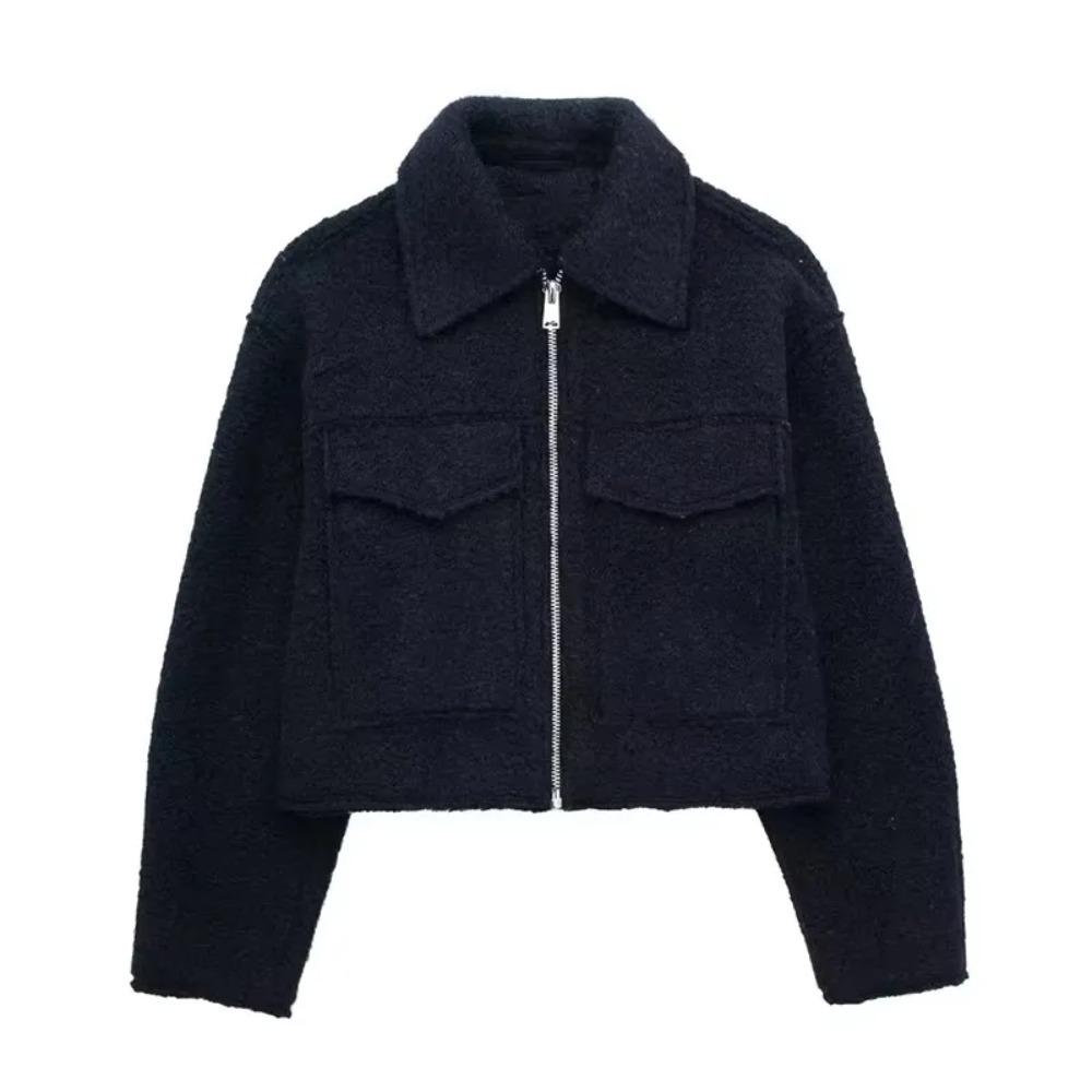 \Women Fashion with Pockets Grey Front Zipper Jackets Vintage Lapel Neck Long Sleeves Female Chic Lady Outfits