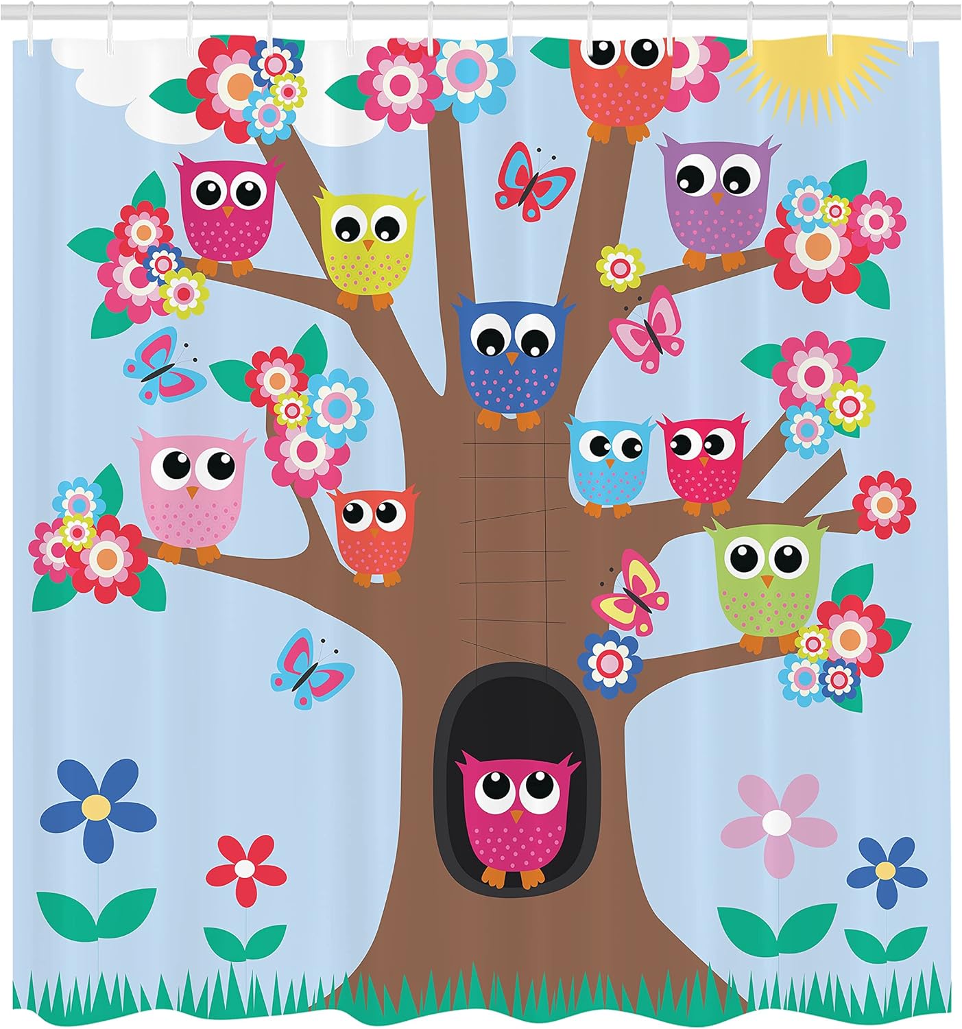 

Owl Shower Curtain, Cartoon Birds And Butterflies On A Tree Style Composition Illustration, Cloth Fabric Bathroom Deco W60H190(CM)-1 Pcs