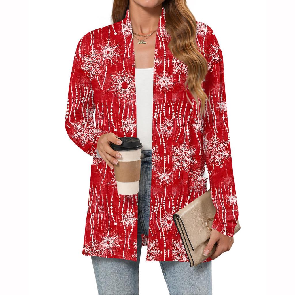 Women's Christmas Printed Lightweight Cardigan Long Sleeved Casual Loose Thin Fit With Pockets Cardigan Jacket