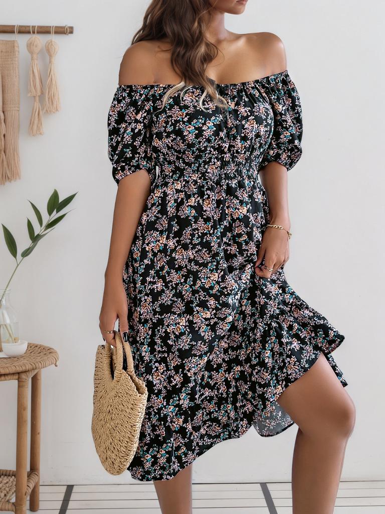 Real Shot Women's Skirt Spring and Summer New European and American Floral Square Neck Short Sleeve Waist Ruffled Dress