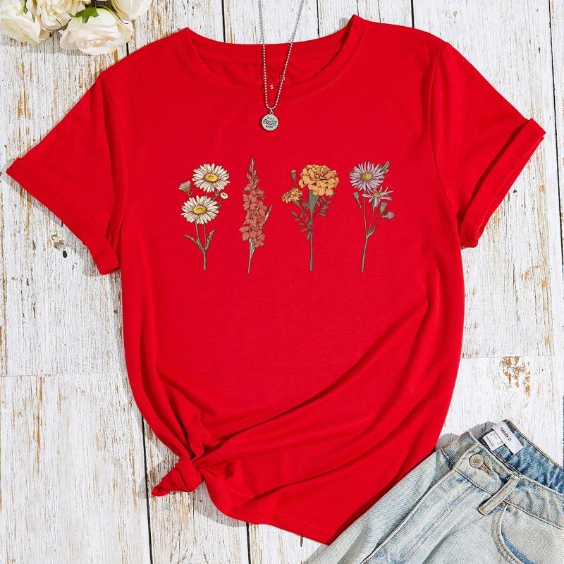Women's Flower Plant Print Loose Imitation Cotton Large Size Round Neck Short Sleeved T-shirt for Women