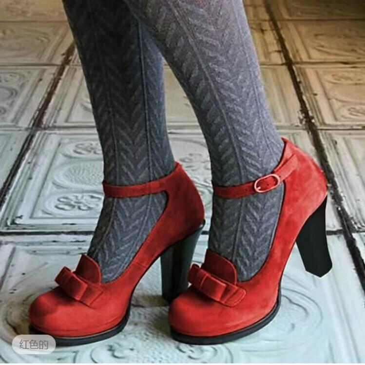 Bow Suede  Shoes New European and American Style Round Head Shallow Mouth One-word Buckle with Thick Heel High Heel Single Shoes