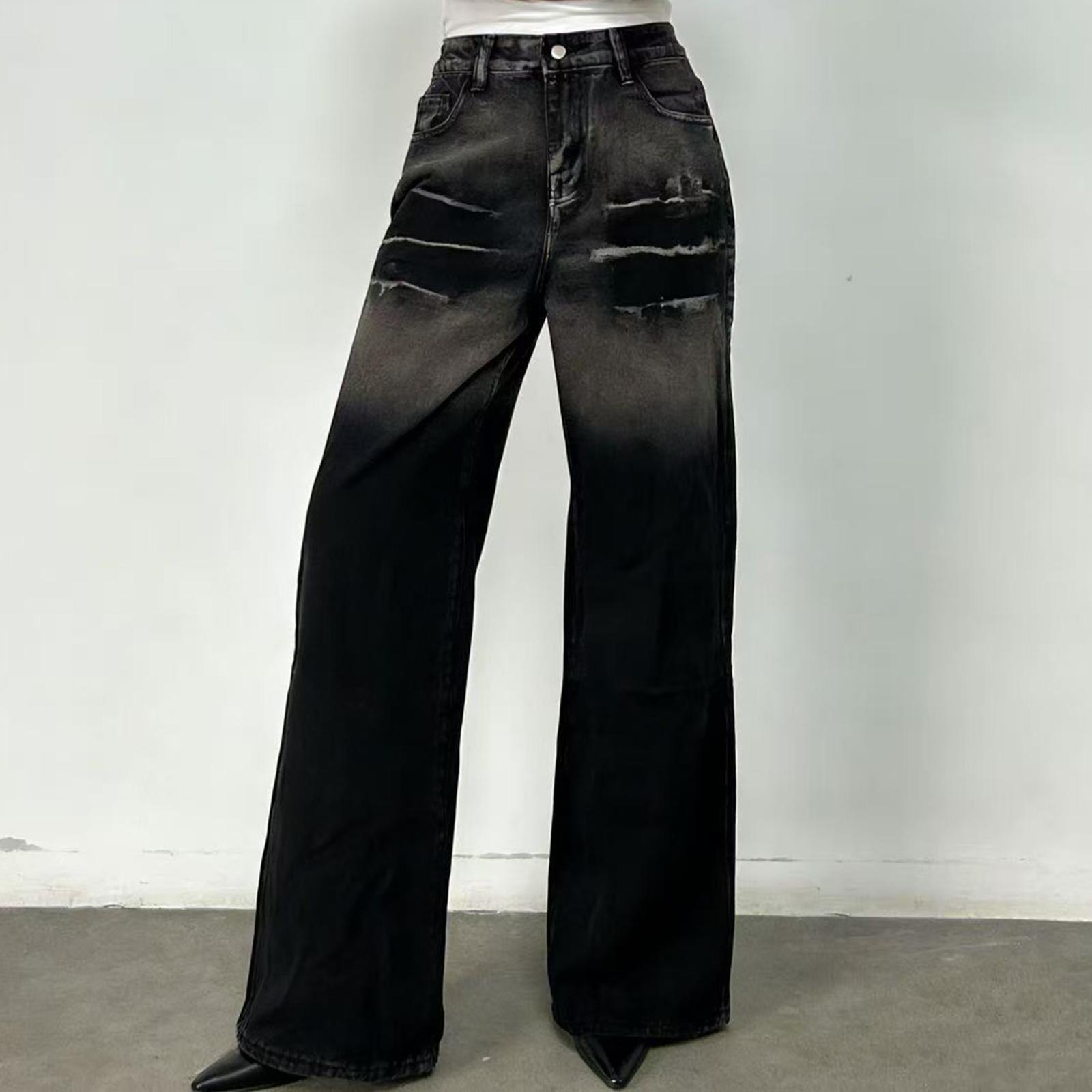 Women s Mid- Stretch Jeans Fashion Straight Leg Denim Pants With Pockets L