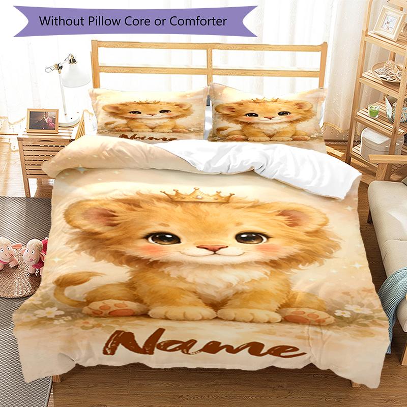 3pcs Custom Name Lion Bedding Set Duvet Cover Closure Includes 1 Duvet Cover & 2 Pillowcases, Soft and Comfortable for All Seasons.