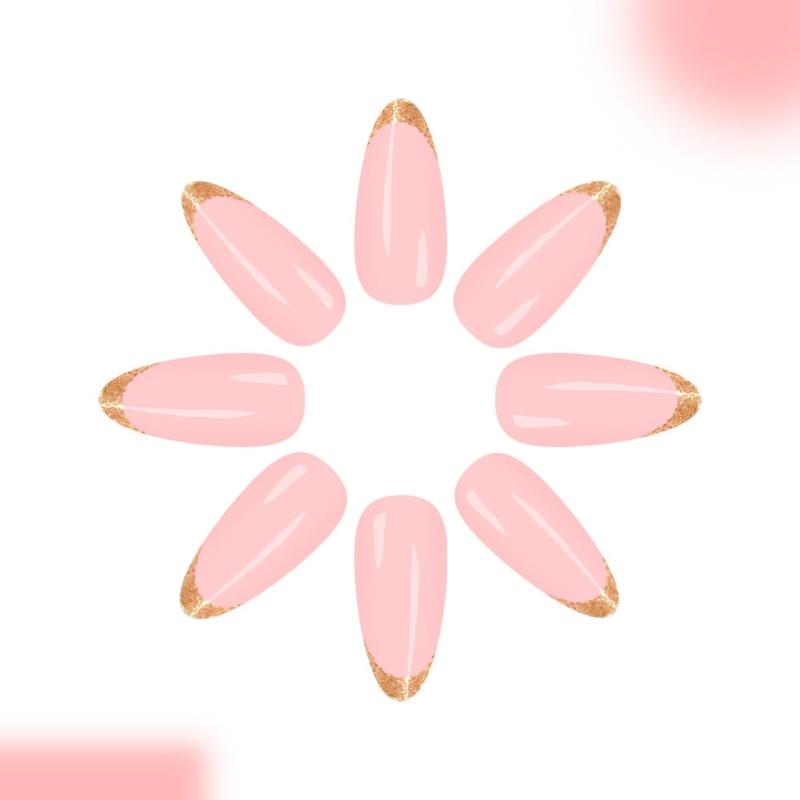 24Pcs Glitters French False Nail Almond Shape With Blush Pink Design Press On Nail For Daily Use Holiday Party