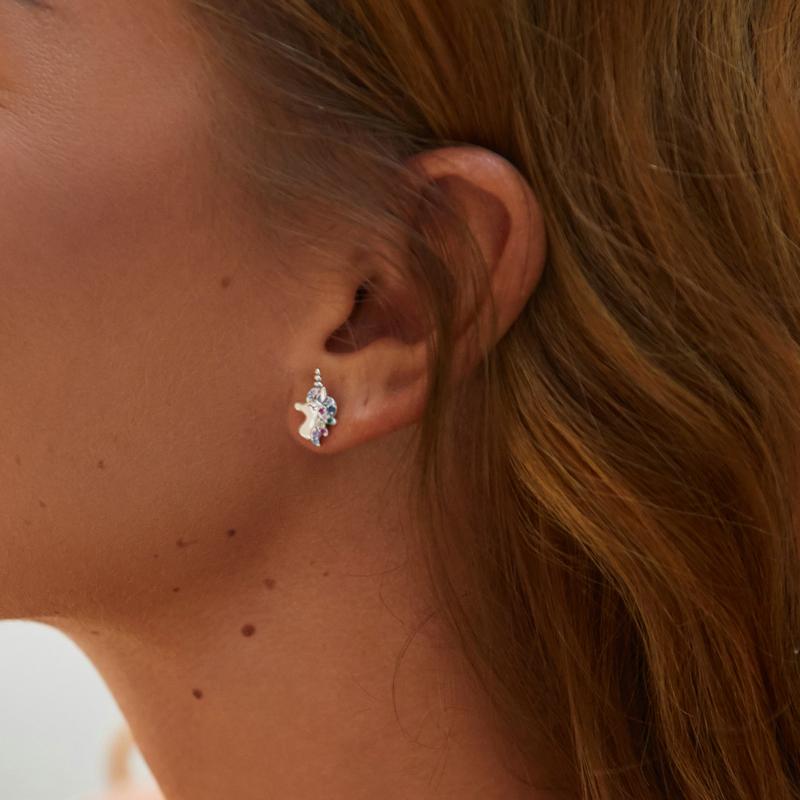 WOSTU 925 Sterling Silver Colorful Horse Stud Earring Rainbow Heart Star Moon Unicorn Earrings For Women Fashion Silver Jewelry