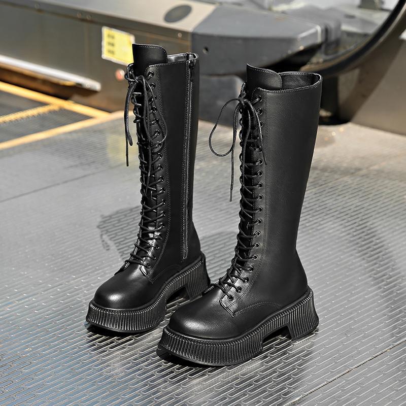 Modă Cizme Dama Până la Mijlocul Gambei Toamnă/Iarnă Stil Punk Vârf Rotund Tocuri Groase Cu Șireturi Fermoar Măresc Înălțimea Piele PU Cizme Moto