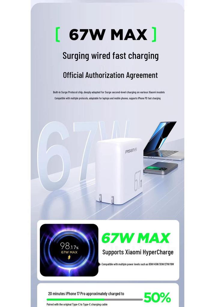 PISEN 67W GaN Type-C Charger for Xiaomi, Apple, Huawei