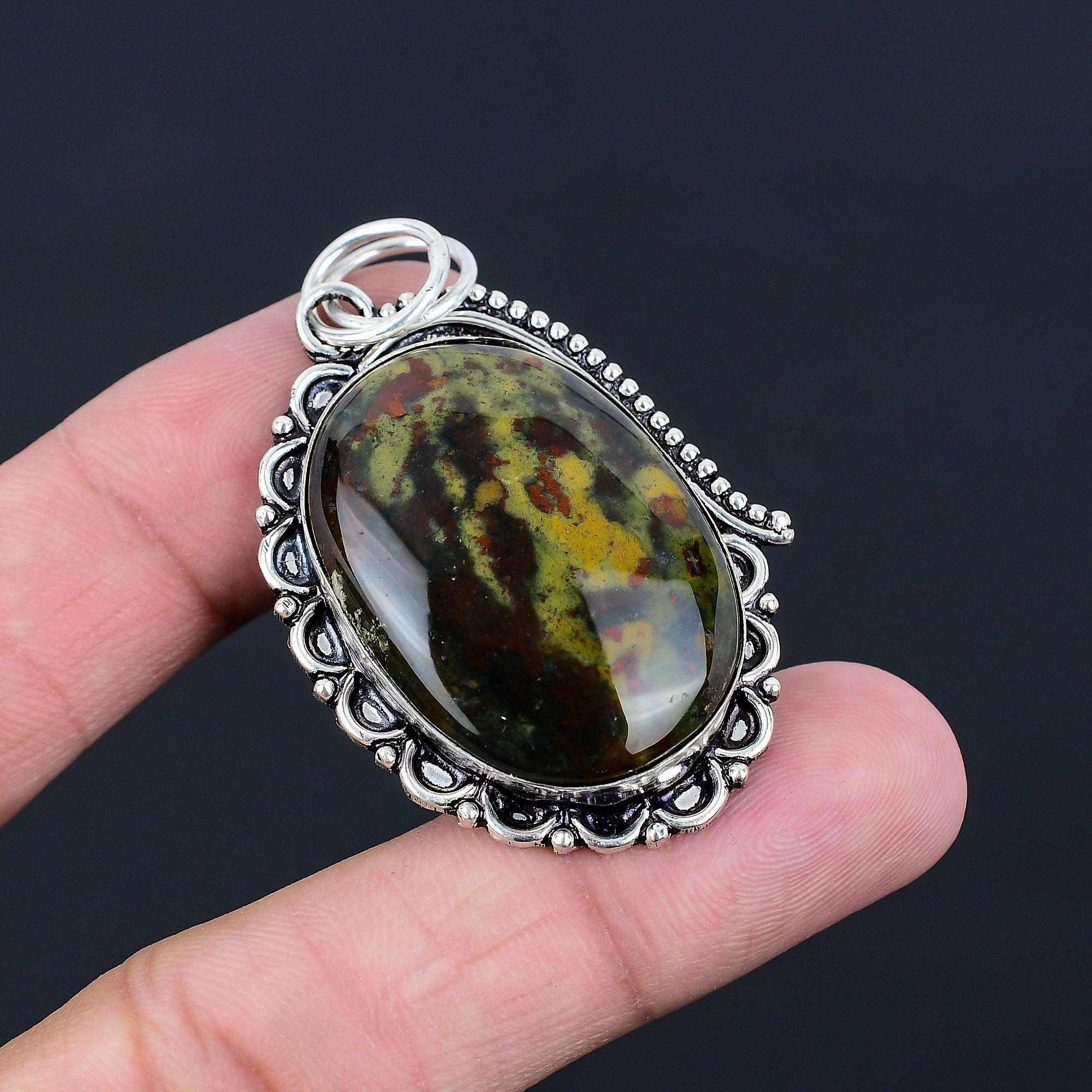 Halloween Sale March Natural Bloodstone Bezel Pendant Jewelry Sterling Silver