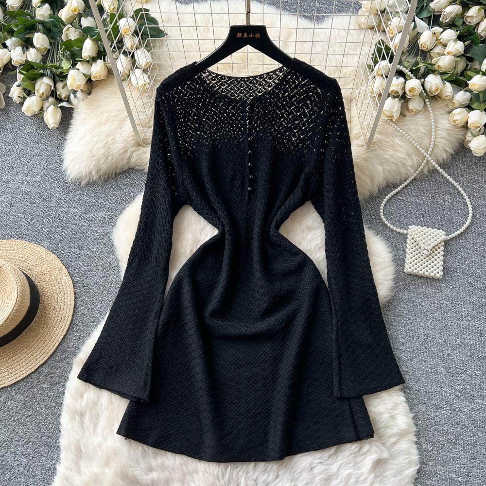 Hollow knitted crew neck dress women's spring and summer wear long sleeves waist A-shaped skirt commuting thin gentle wind