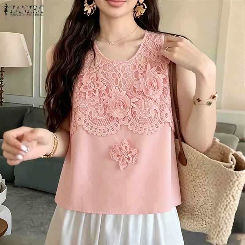 ZANZEA Women Floral Lace Splice Casual Sleeveless Vest Tops