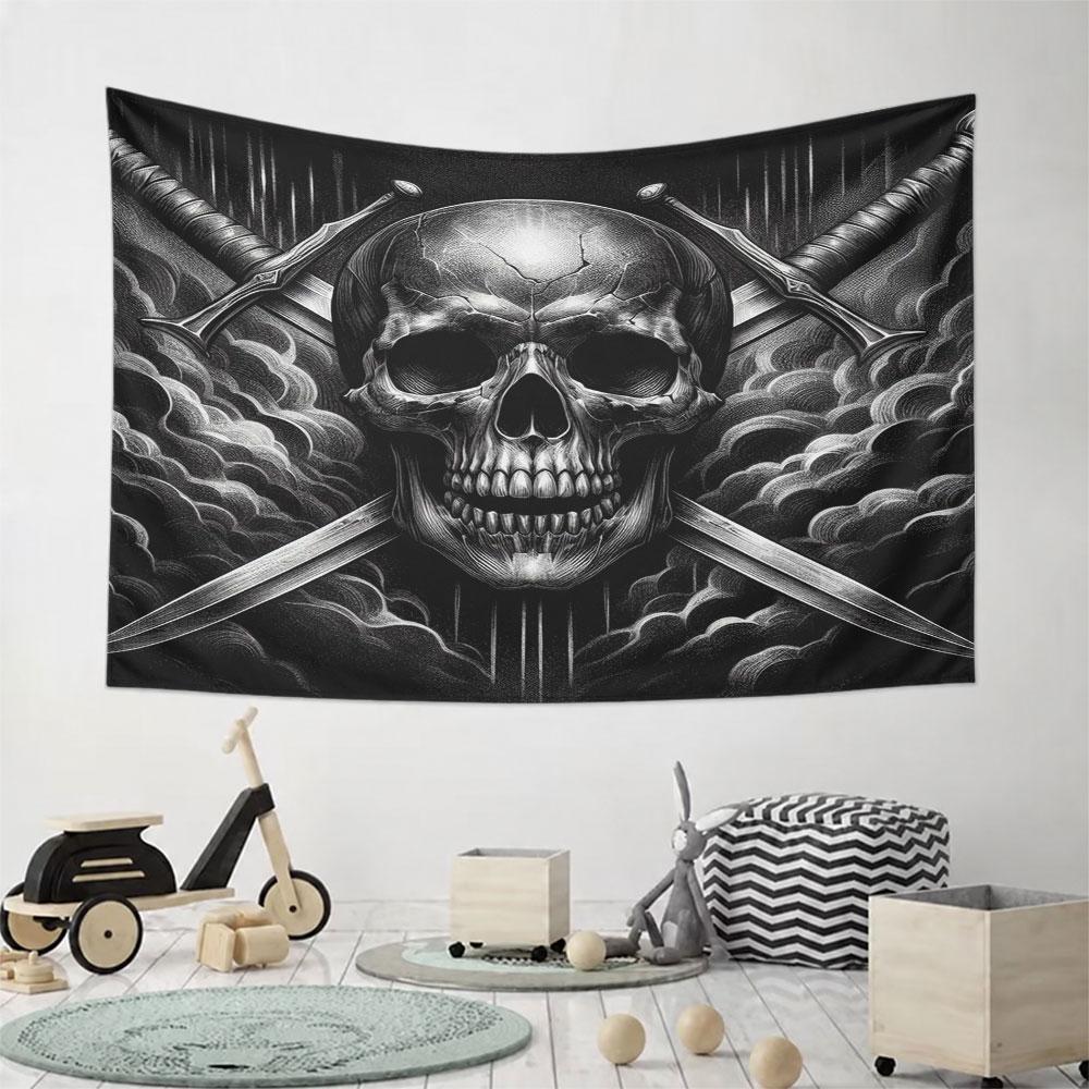 Skull with Crossed Swords in Dark Clouds Pattern Wall Hanging Tapestry Decorative Tapestry Home Decor for Bedroom and Living Room