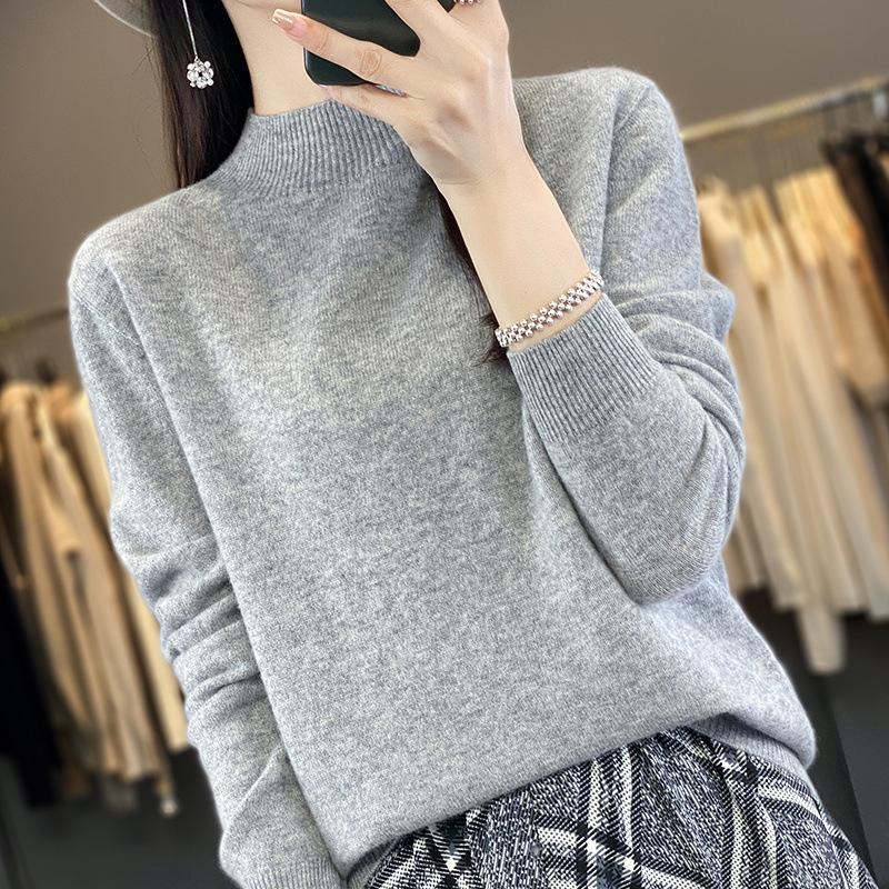 Women's Seamless Wool Sweater: Autumn/Winter Half-High Neck, Loose Fit, Knitted Base Layer