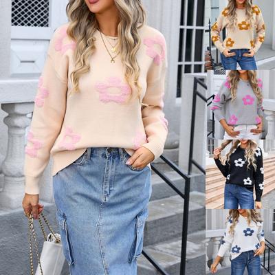 Women's Casual Fashion Comfortable Round Neck Pullover Contrast Color Flower Long Sleeve Street Trend Knitted Sweater