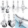 925 Silver Punk Gothic Skeleton & Guitar Charms Rock & Roll Skull Black Cat Beads Fit Bracelets DIY Jewelry Gift