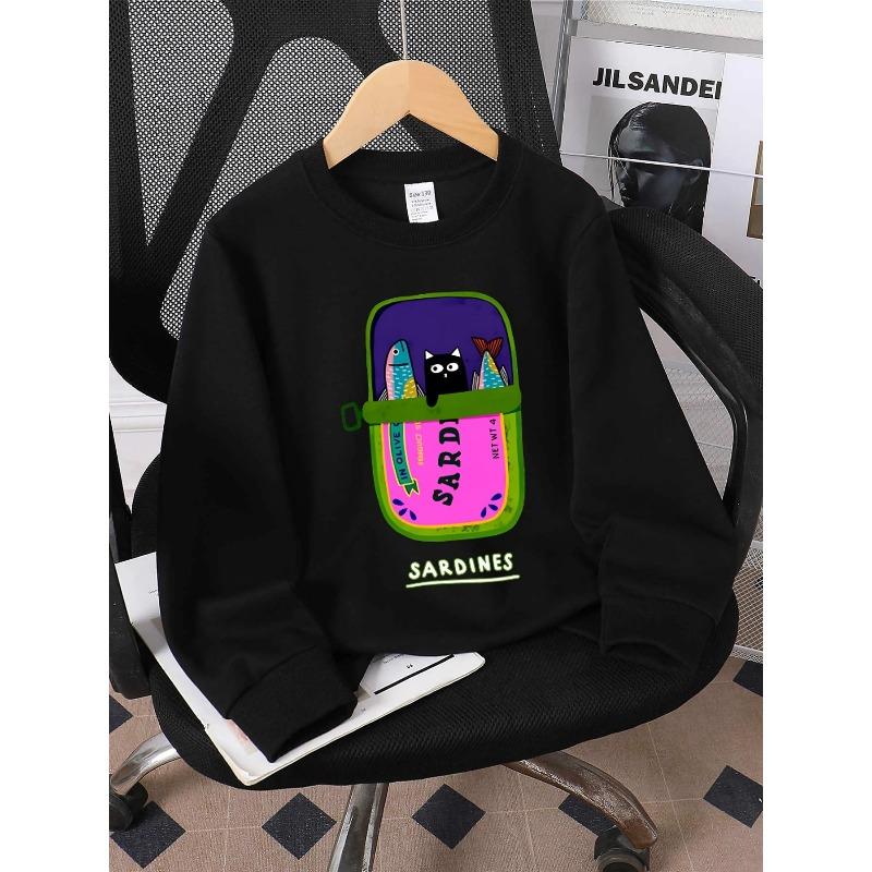 European sizes Hoodie for Kids with a Round Neck - Sardines in Olive Oil Featuring a Cat, Perfect for Sports And Casual Outings, Soft And Comfy