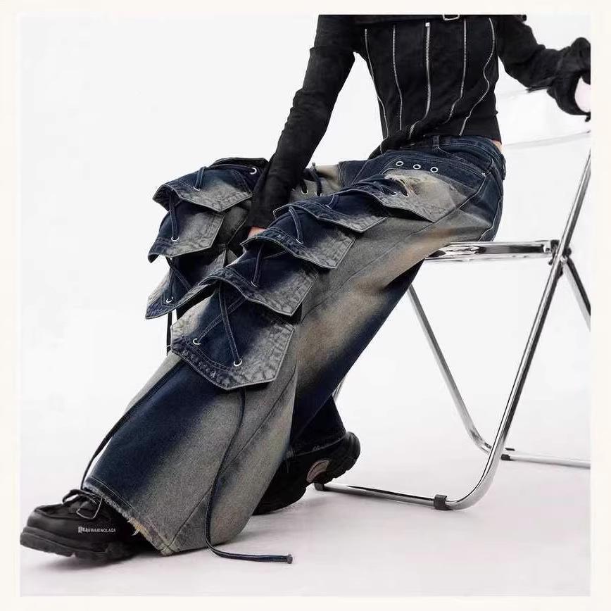 Retro Women's Wide-Leg Multi-Pocket Workwear Jeans