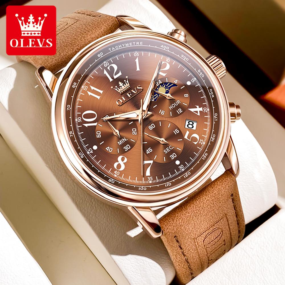 OLEVS Men's Watches Casual Fashion Leather Strap Waterproof Original Quartz Wristwatch for Man Moon Phase Date Chronograph 2912